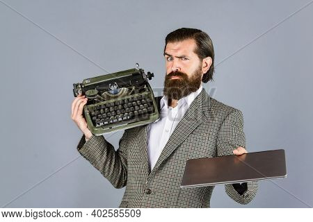 What To Choose. Mature Man Hold Vintage Device. First Draft. Professional Typist Make Notes. Modern 
