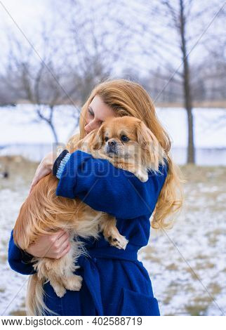 Nice Young Woman On A Walk With Her Dog Resting At Park. Best Friendship Girl And Senior Dog. Psycho
