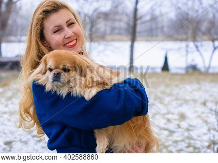 Nice Young Woman On A Walk With Her Dog Resting At Park. Best Friendship Girl And Senior Dog. Psycho