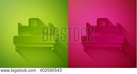 Paper Cut Bedroom Icon Isolated On Green And Pink Background. Wedding, Love, Marriage Symbol. Bedroo