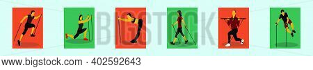 Set Of Nordic Walking Cartoon Icon Design Template With Various Models. Modern Vector Illustration I