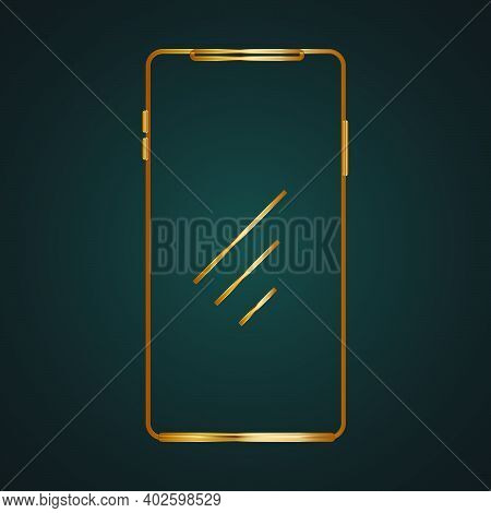 Modern Touchscreen Smartphone Icon Vector Logo. Gold Metal With Dark Background