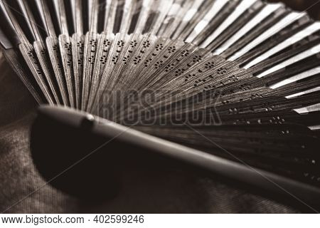 Traditional Black Hand Fand Closeup View. Abstract Background
