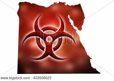 Biohazard Sign Against The Background Of A Contour Map Of Egypt With A Red Glow. The Concept Of A Ne