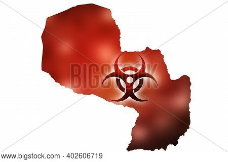 Biohazard Sign Against The Background Of A Contour Map Of Paraguay With A Red Glow. The Concept Of A