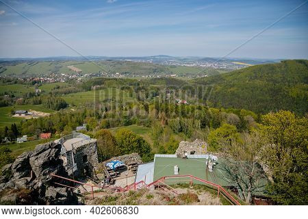 Ruins Of The Old Medieval Gothic Castle Tolstejn With Beautiful View To Mountains Luzicke Hory In Su