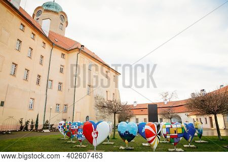 Exhibition Of Hearts With Images Of Eu Countries, Podebrady Castle At River Labe, View From Inner Co