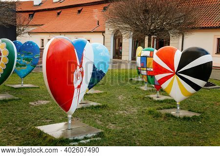 Exhibition Of Hearts With Images Of Eu Countries, Podebrady Castle At River Labe, View From Inner Co
