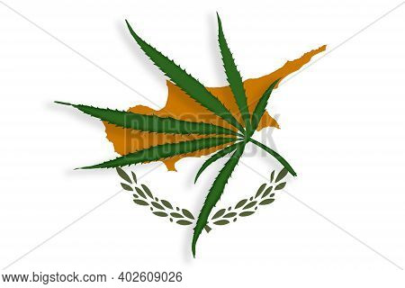 Cyprus Flag With The Image Of Marijuana Leaves. Cannabis Legalization Concept In Cyprus. Drug Policy