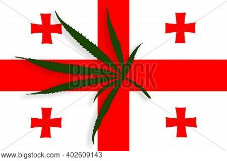 Georgia Flag With The Image Of Marijuana Leaves. Cannabis Legalization Concept In Georgia. Drug Poli