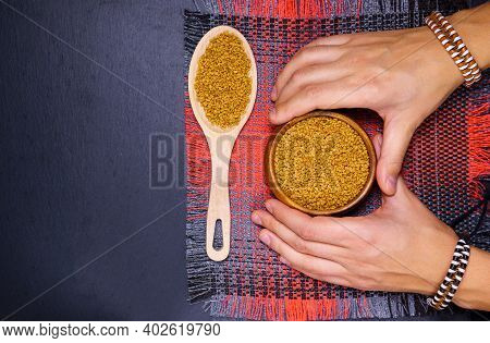Fenugreek Seeds In Wooden Bowl, Culinary Ingredient, Shamballa Closeup