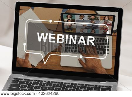 Technologies In Education. Modern Laptop With Webinar Inscription On Screen, Creative Image. Closeup