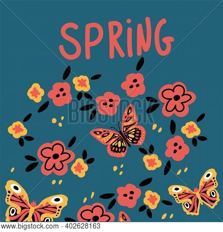 Postcard With Butterflies And Flowers. Cute Moths And Moths On A Background Of Flowers. With Letteri
