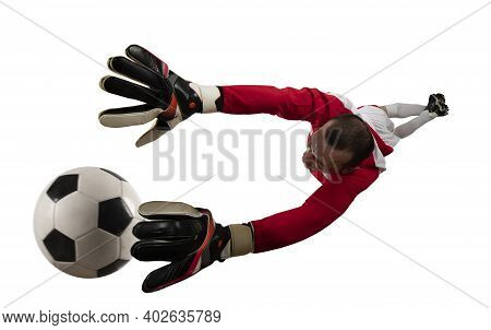 Goalkeeper Tries To Tatches The Ball. Isolated On White Background
