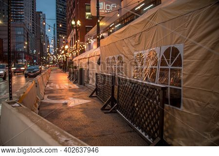 Chicago, Il December 16, 2020, Exterior Of Beatrix Restaurant With Outside Outdoor Eating On A Close