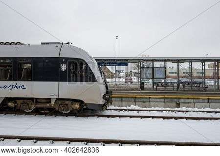 Gdansk, Poland - January 10, 2021:pomeranian Metropolitan Railway In Gdansk During Winter