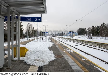 Gdansk, Poland - January 10, 2021: Platform Of Pomeranian Metropolitan Railway In Gdansk During Wint