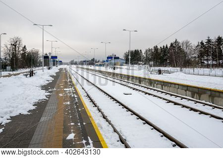 Gdansk, Poland - January 10, 2021: Platform Of Pomeranian Metropolitan Railway In Gdansk During Wint