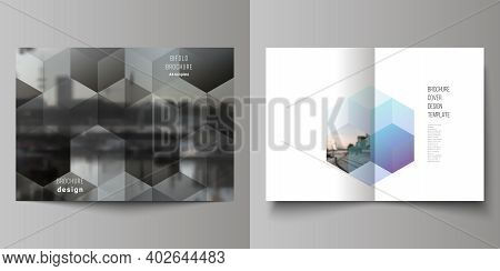 Vector Layout Of Two A4 Format Cover Mockups Design Templates With Colorful Hexagons, Geometric Shap