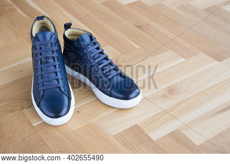 Trendy Modern Blue Luxury Leather Sneakers On Wooden Flooer