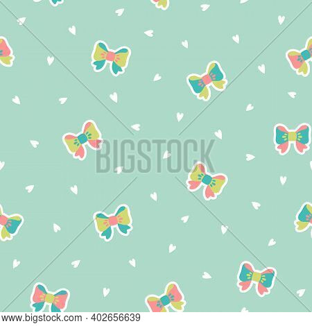 Cute Little Bows And Tiny White Hearts Scattered On Light Blue Background. Seamless Vector Pattern I
