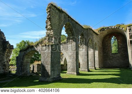 The Ruins Of The Old Cloister In Alvastra In Sweden During The Nice Summer Day. A Tourist Attraction