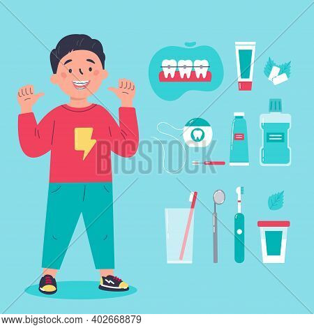 Teenager Showing His Smile With Dental Braces. Trendy Boy With Various Accessories For Daily Dental 