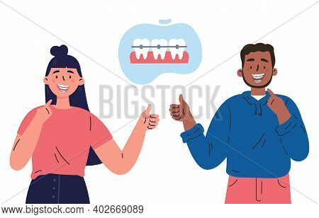 Trendy Young Woman And Man With Teeth Braces. Dental Care. People Showing Their Smile With Dental Br