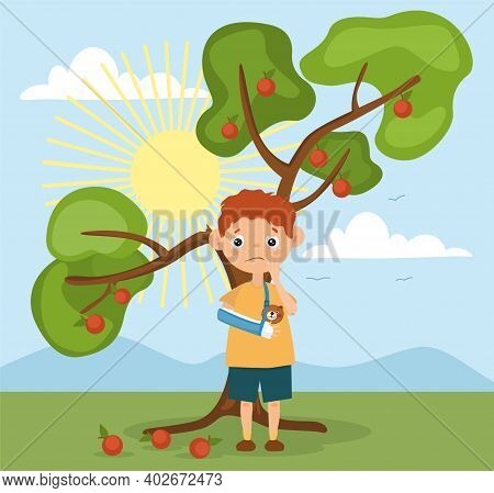 Young Boy With A Broken Arm Standing Outdoors Under A Fruit Tree With Fallen Fruit On A Sunny Summer