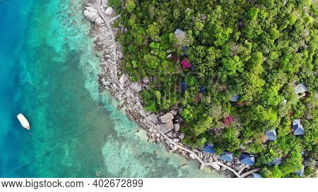 Calm Colorful Azure Turquoise Sea Near Tiny Tropical Volcanic Island Koh Tao, Unique Small Paradise 