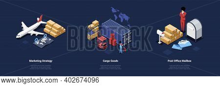 Post Delivery Conceptual Vector Illustration Of Three Separate Compositions On Dark Background With 
