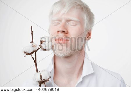 Albinism Happy Smile Albino Man White Skin Hair Soft Fluffy Cotton Brunch Studio Dressed T-shirt Iso