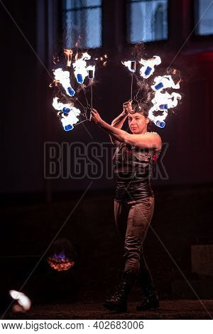 Vaxjo, Sweden - January, 2020. Christmas Fire Show Night Event