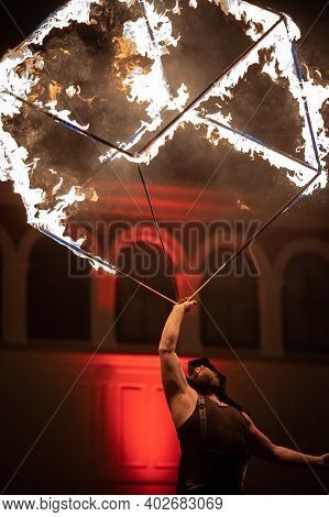 Vaxjo, Sweden - January, 2020. Christmas Fire Show Night Event