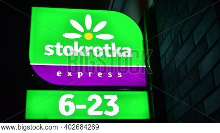 Warsaw, Poland. 10 January 2021. Sign  Stokrotka Express. Company Signboard Stokrotka Express.