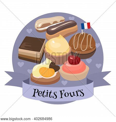 French Dessert Petits Fours. Colorful Cartoon Style Illustration For Cafe, Bakery, Restaurant Menu O