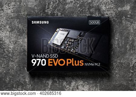 Varna, Bulgaria, January 08, 2021. Samsung Nvme Ssd 970 Evo Plus Box On A Dark Background. Small And
