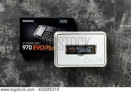 Varna, Bulgaria, January 09, 2021. Samsung Ssd 970 Evo Plus Nvme On A Dark Background. Small And Fas