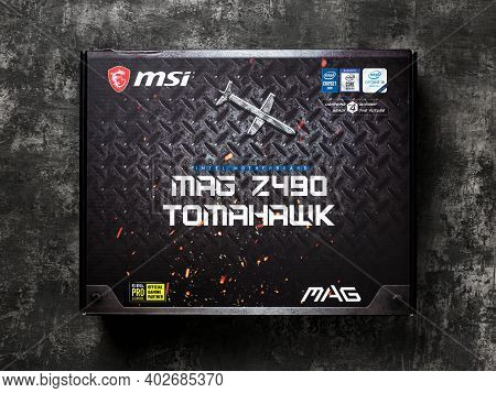Varna, Bulgaria, January 08, 2021. Msi Mag Z490 Tomahawk Gaming Motherboard Box On A Dark Background