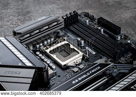 Varna, Bulgaria, January 08, 2021. Processor Socket And Ram Memory Slots On A Msi Mag Z490 Tomahawk 