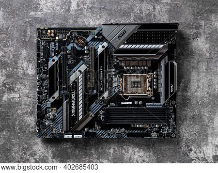 Varna, Bulgaria, January 09, 2021. Msi Mag Z490 Tomahawk Gaming Motherboard On A Dark Background. Mo