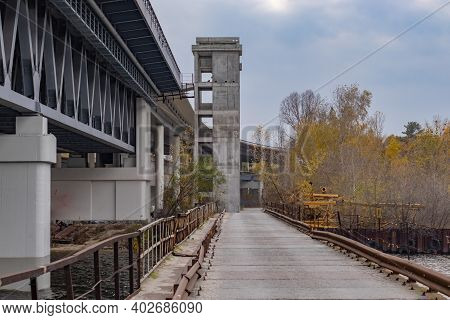 New Bridge Construction In Kyiv On Dnieper River Near The Old One