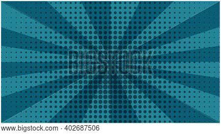 Abstract Deep Aquamarine Striped Retro Comic Background With Halftone Center. Dark Blue Backdrop Wit