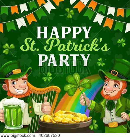 St Patricks Day Irish Holiday Party Vector Poster. Irishmen With Leprechaun Hats, Clovers And Green 