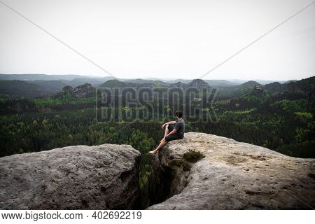 Sunset Panorama Hiker Sitting On Edge Cliff Kleiner Winterberg Saxony Switzerland Elbe Sandstone Mou