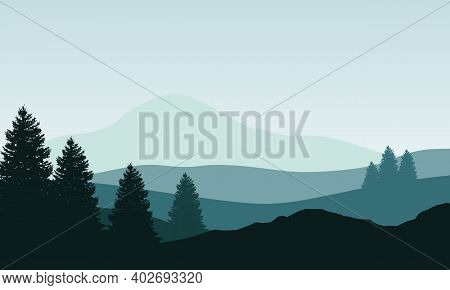 Beautiful View Of Trees And Mountains At Sunrise. Vector Illustration