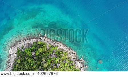 Calm Colorful Azure Turquoise Sea Near Tiny Tropical Volcanic Island Koh Tao, Unique Small Paradise 