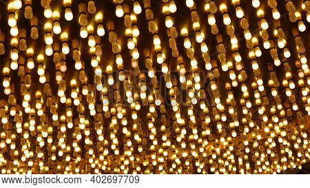 Old Fasioned Electric Lamps Blinking And Glowing At Night. Abstract Close Up Of Retro Casino Decorat