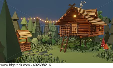 Wooden House From Magical Fairy Tale In Forest. 3d Illustration Of Surreal Baba Yaga Hut On Chicken 