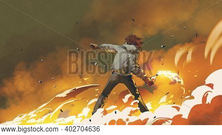 The Man Throwing A Molotov Cocktail, Digital Art Style, Illustration Painting